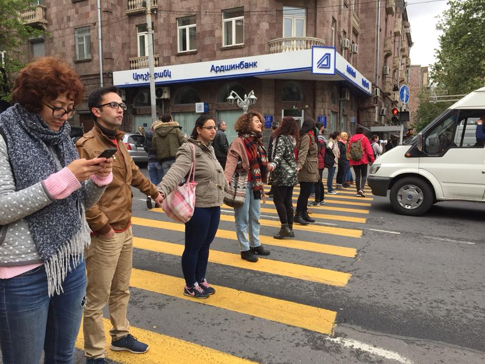 Lara Aharonian and the WRCA used creative civil disobedience strategies during the protests. Here they are peacefully blocking street after street to distract the police. Photo: Lara Aharonian