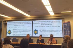 The panel on achieving accountability and justice for conflict-related sexual violence and the role of IFIs.