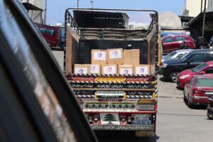 A truck loaded with emergency supplies prepared by Sada Insan for Development for distribution to affected communities in Lebanon.